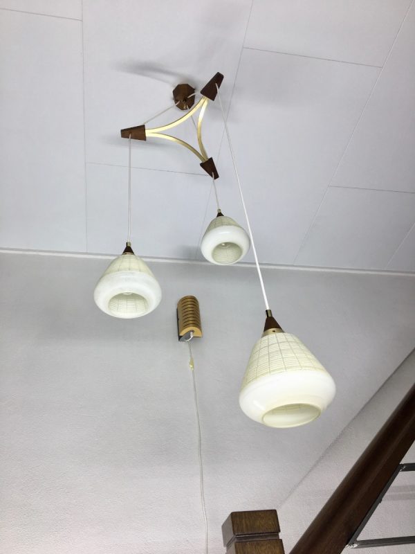 50's classic pendent 3 light - wood brass glass - Dutch Mid Century stairwell lamp