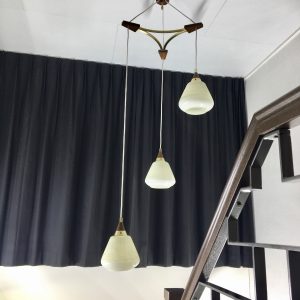 50's classic pendent 3 light - wood brass glass - Dutch Mid Century stairwell lamp