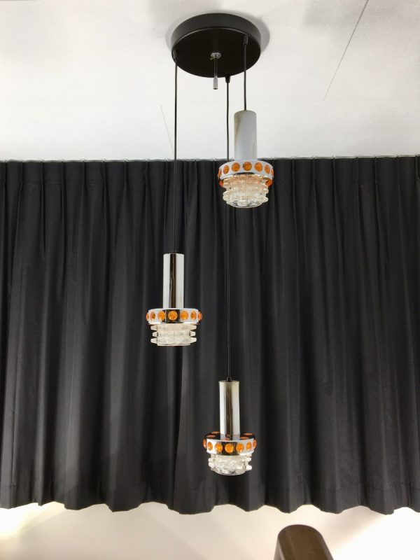 Space age chrome cascade pendant lamp - Massive Belgium 70's glass 3-light