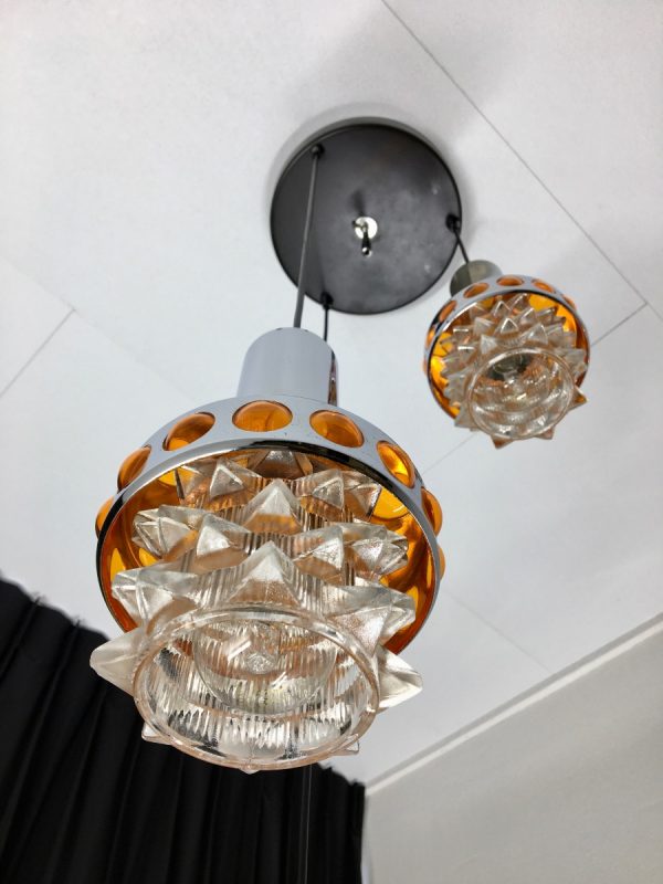 Space age chrome cascade pendant lamp - Massive Belgium 70's glass 3-light