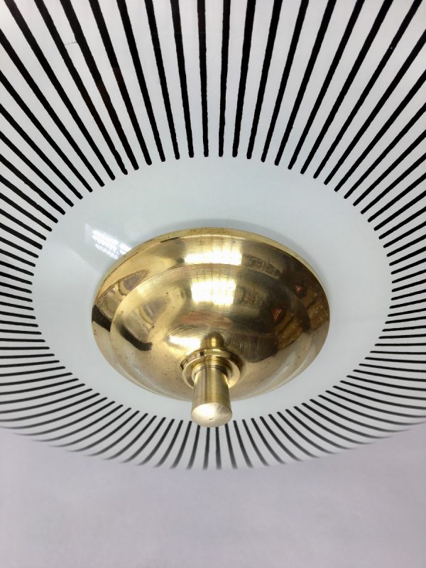 50's glass hanging lamp - vintage brass ceiling lamp - Dutch retro disk light