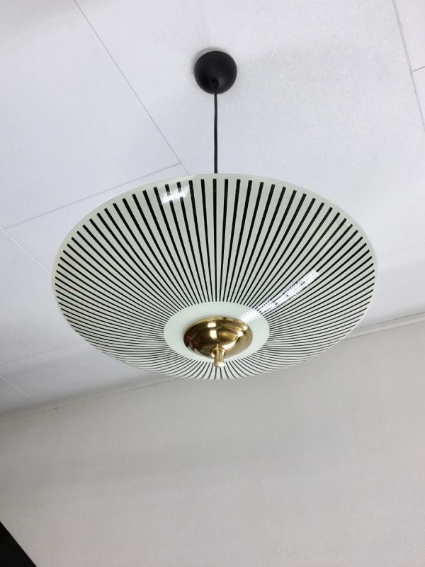 50's glass hanging lamp - vintage brass ceiling lamp - Dutch retro disk light