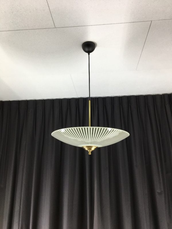 50's glass hanging lamp - vintage brass ceiling lamp - Dutch retro disk light