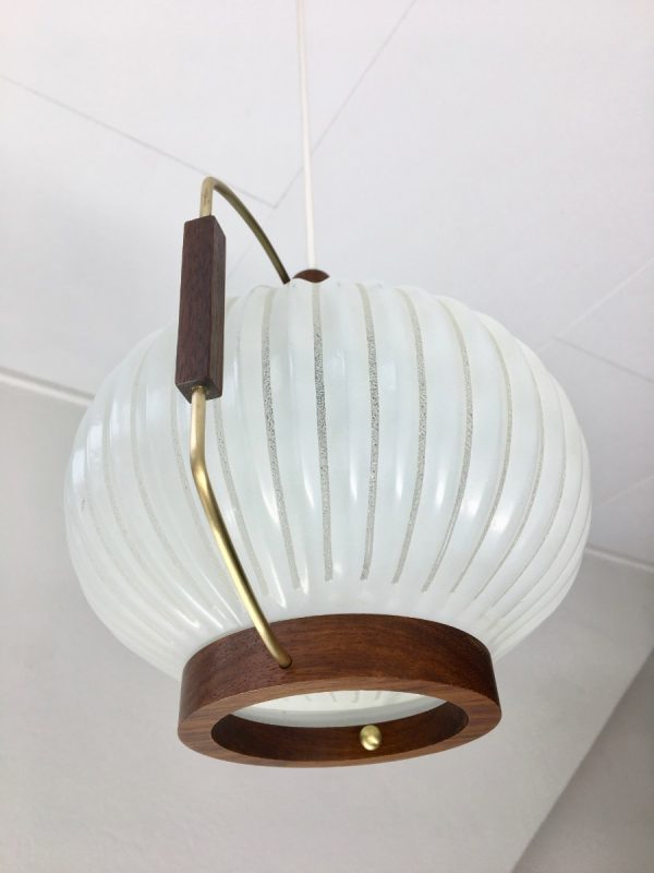 Classic pendent light - wood brass glass - Dutch Mid Century vintage 60s lamp