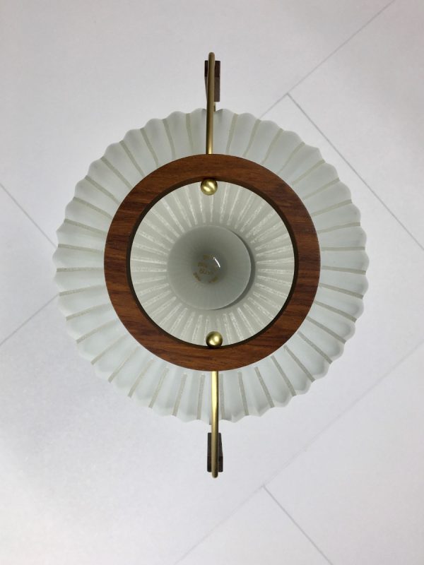 Classic pendent light - wood brass glass - Dutch Mid Century vintage 60s lamp