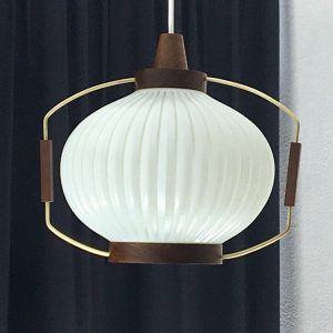 Classic pendent light - wood brass glass - Dutch Mid Century vintage 60s lamp