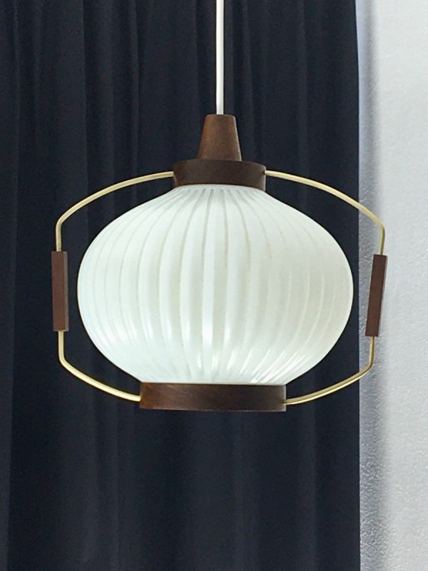 Classic pendent light - wood brass glass - Dutch Mid Century vintage 60s lamp