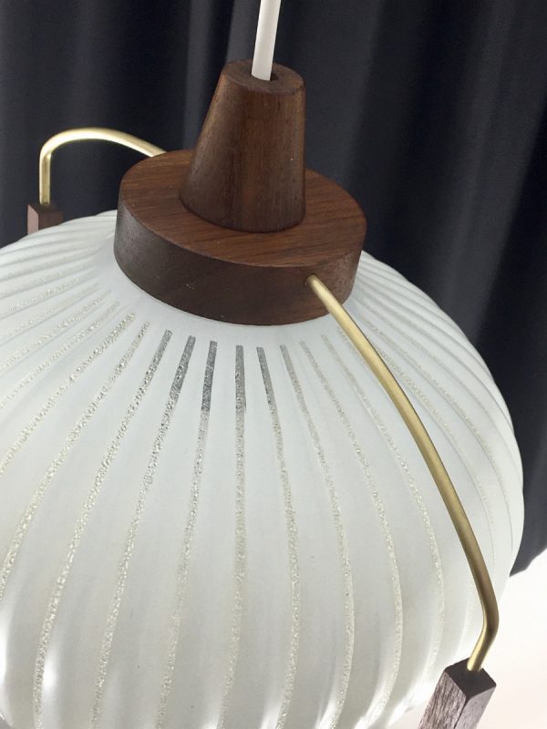 Classic pendent light - wood brass glass - Dutch Mid Century vintage 60s lamp