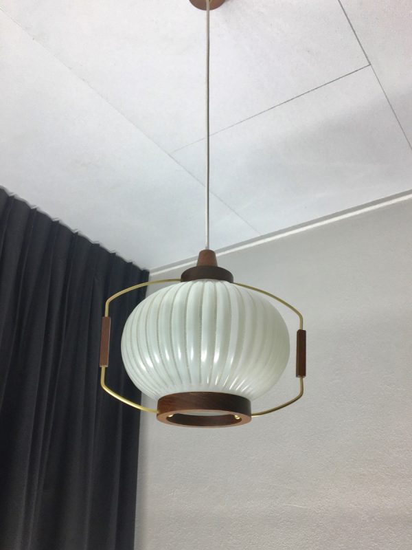 Classic pendent light - wood brass glass - Dutch Mid Century vintage 60s lamp