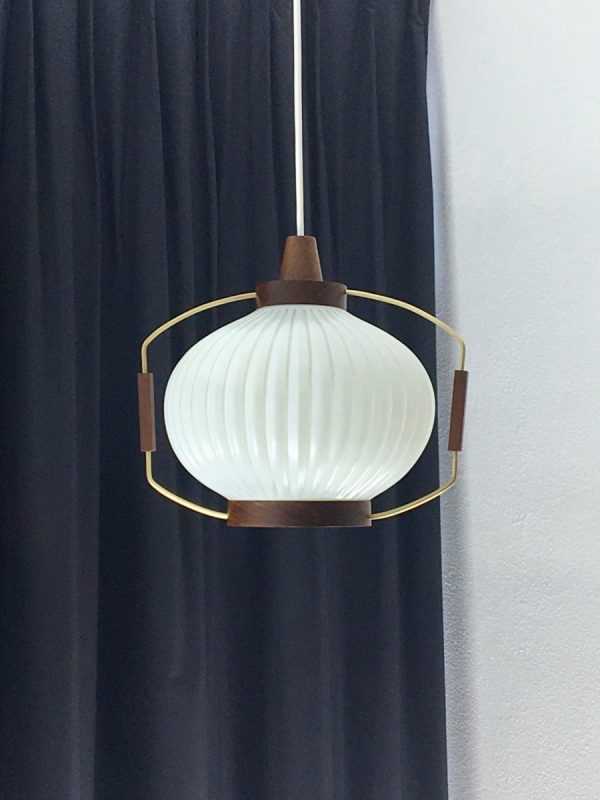 Classic pendent light - wood brass glass - Dutch Mid Century vintage 60s lamp