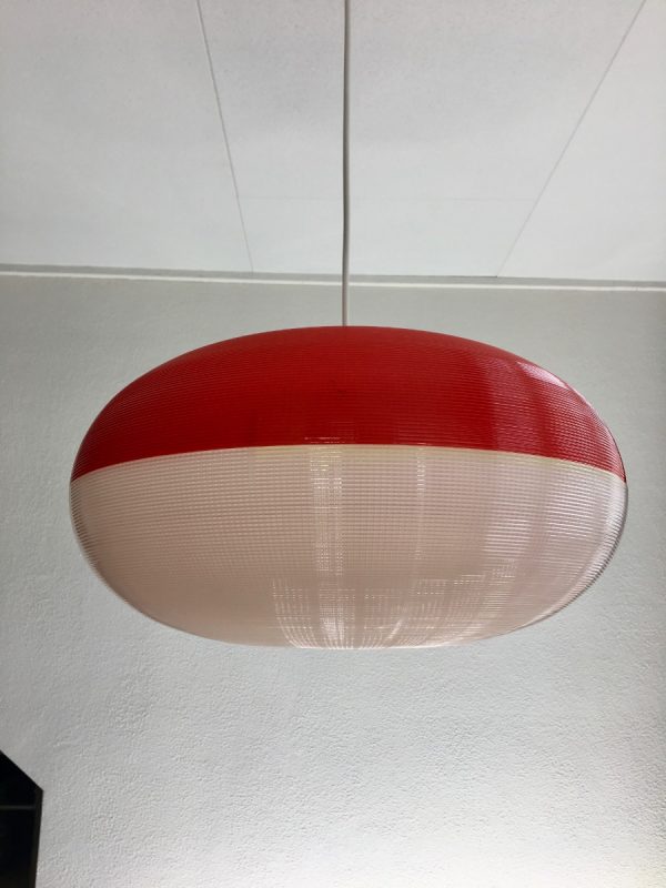 Rare vintage hanging lamp - 70's modern design pendant light - two-tone red white plastic