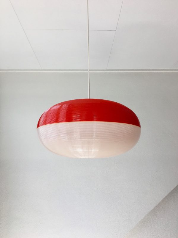 Rare vintage hanging lamp - 70's modern design pendant light - two-tone red white plastic