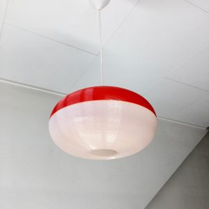 Rare vintage hanging lamp - 70's modern design pendant light - two-tone red white plastic