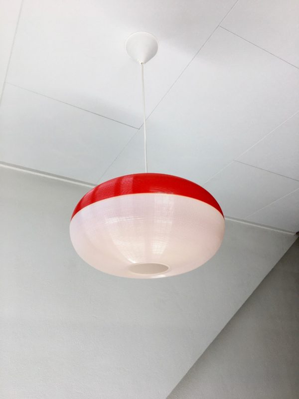 Rare vintage hanging lamp - 70's modern design pendant light - two-tone red white plastic