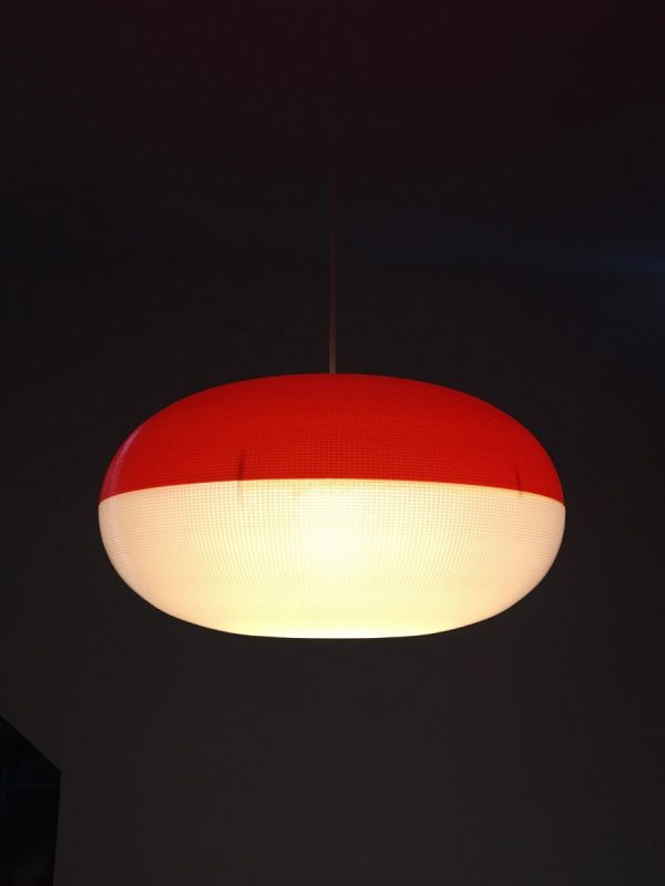 Rare vintage hanging lamp - 70's modern design pendant light - two-tone red white plastic