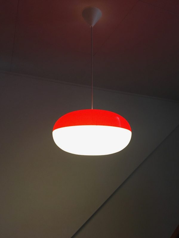 Rare vintage hanging lamp - 70's modern design pendant light - two-tone red white plastic