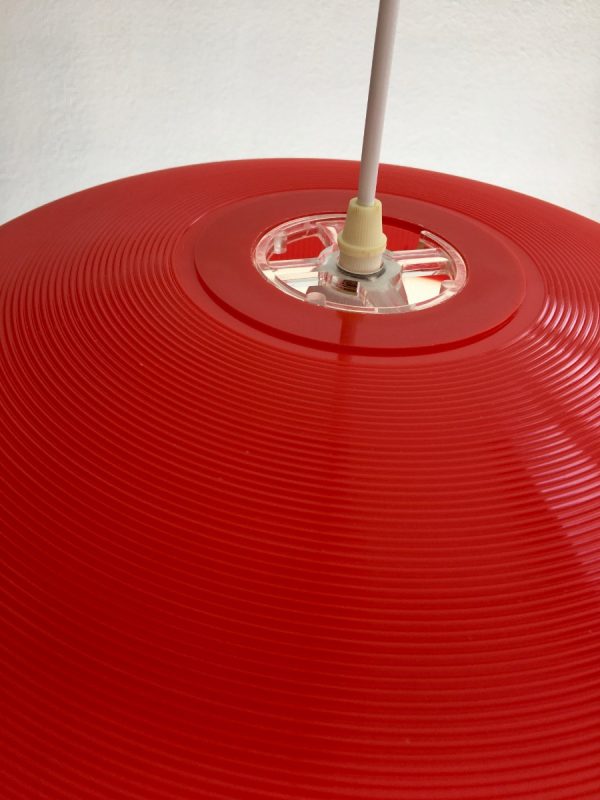 Rare vintage hanging lamp - 70's modern design pendant light - two-tone red white plastic