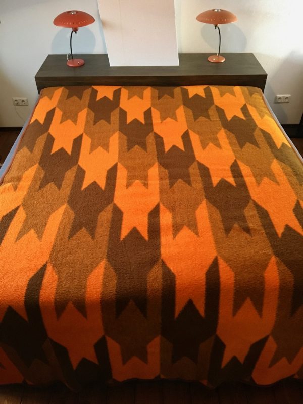 Large Real vintage dralon plaid - Retro acrylic orange and brown blanket - 70s