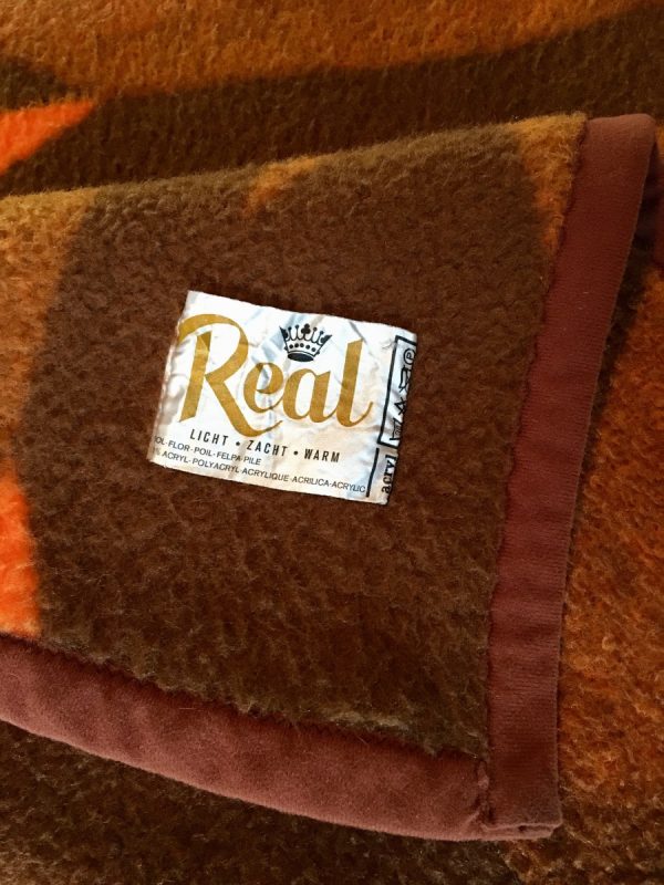 Large Real vintage dralon plaid - Retro acrylic orange and brown blanket - 70s