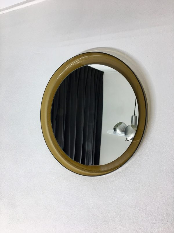 Large Vintage plexiglass round mirror - Space Age brown 70's retro mirror - Guzzini Made in Italy