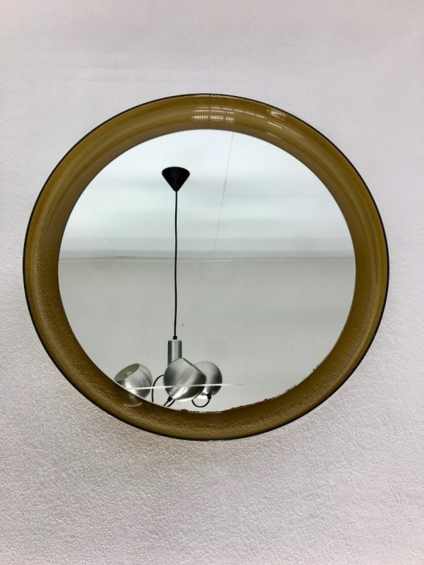 Large Vintage plexiglass round mirror - Space Age brown 70's retro mirror - Guzzini Made in Italy