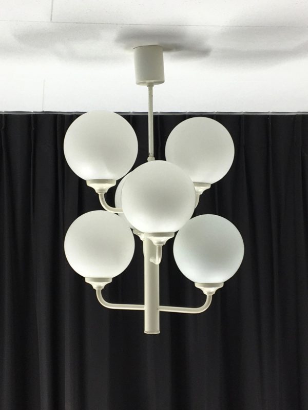 echt vintage Pako Germany 6light chandelier - vintage 70s sphere globe lamp - white metal glass hanginglamp