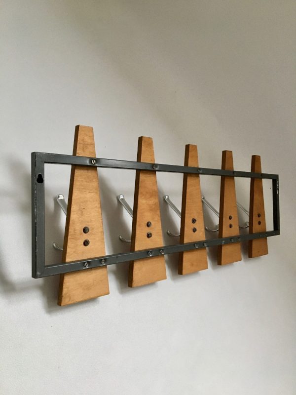 Vintage 70s coat rack with 10 hooks - retro Dutch design - wood metal Aluminium echt