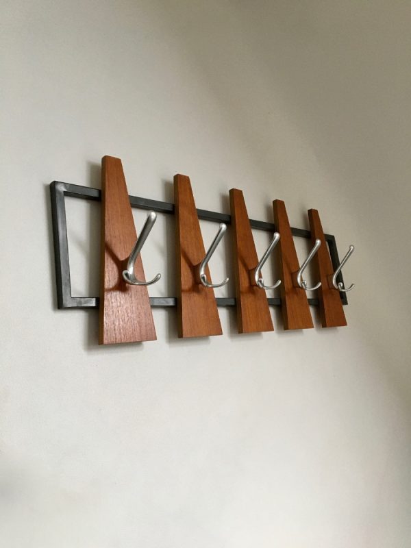 Vintage 70s coat rack with 10 hooks - retro Dutch design - wood metal Aluminium echt