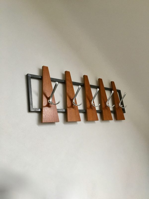 Vintage 70s coat rack with 10 hooks - retro Dutch design - wood metal Aluminium echt