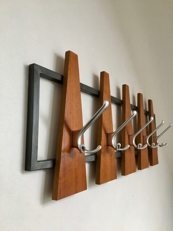 Vintage 70s coat rack with 10 hooks - retro Dutch design - wood metal Aluminium echt