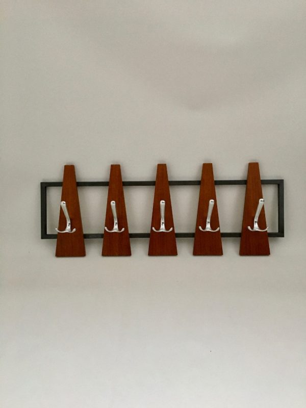 Vintage 70s coat rack with 10 hooks - retro Dutch design - wood metal Aluminium echt