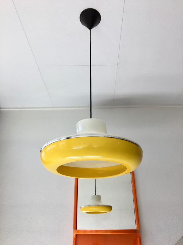 Massive space age pendent lamp - vintage yellow UFO light echt