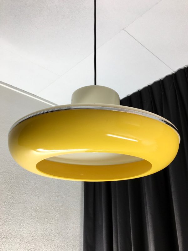 Massive space age pendent lamp - vintage yellow UFO light echt