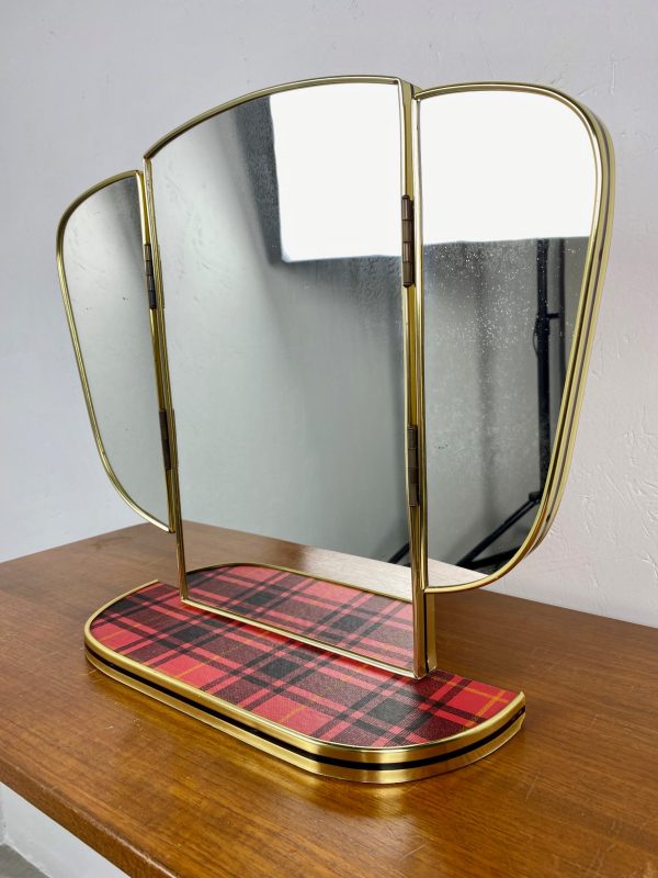 Red vintage Midcentury mirror - Triptych dressing table - 60s or 70s Echtvintage.nl