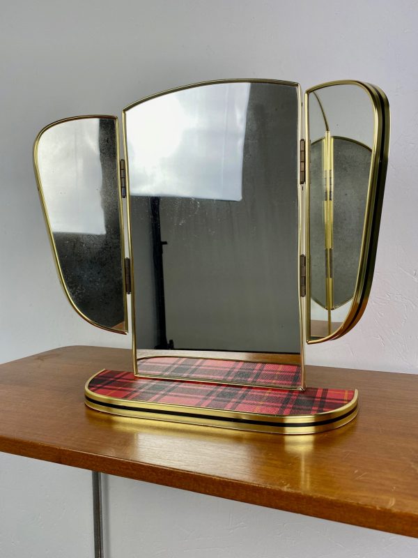 Red vintage Midcentury mirror - Triptych dressing table - 60s or 70s Echtvintage.nl