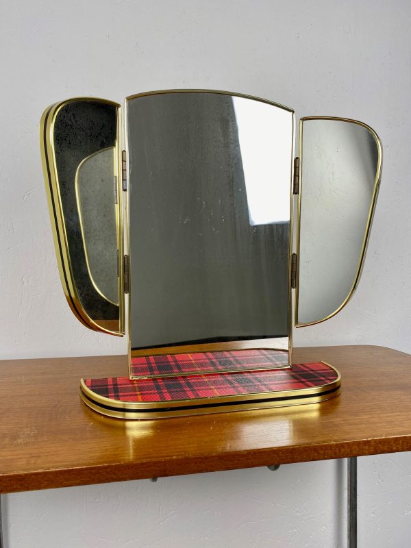 Red vintage Midcentury mirror - Triptych dressing table - 60s or 70s Echtvintage.nl