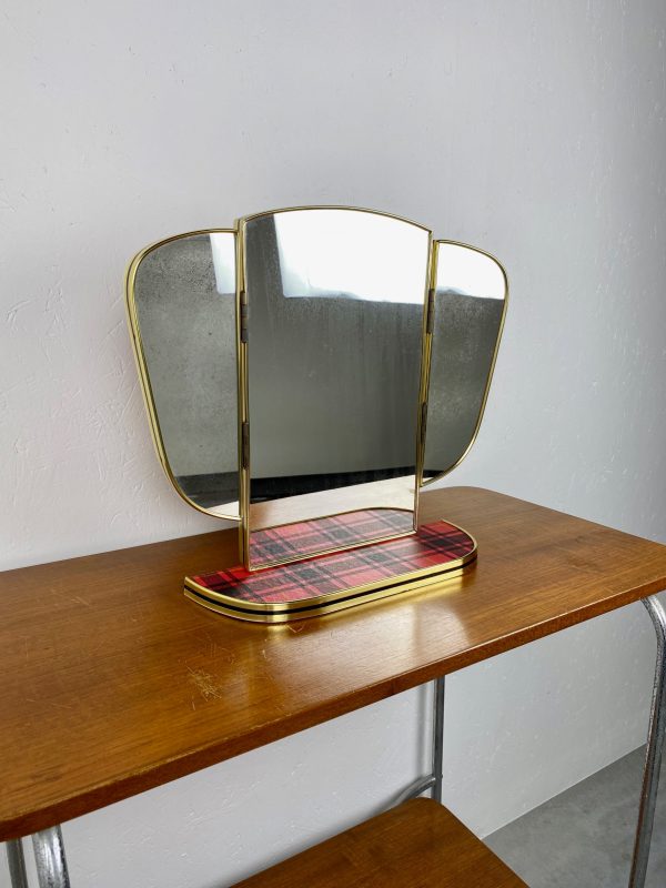 Red vintage Midcentury mirror - Triptych dressing table - 60s or 70s Echtvintage.nl