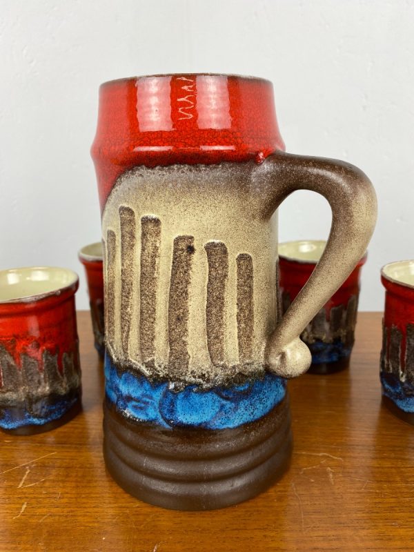 Vintage STREHLA KERAMIK wine / water set - Decanter with 6 mugs 60/70's DDR Germany Fat lava East-Germany