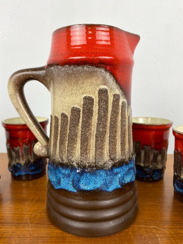Vintage STREHLA KERAMIK wine / water set - Decanter with 6 mugs 60/70's DDR Germany Fat lava East-Germany