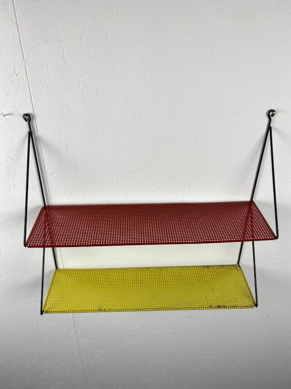 Vintage 50s wall rack - Mathieu Mategot - perforated metal - industrial mcm design - man cave shelf