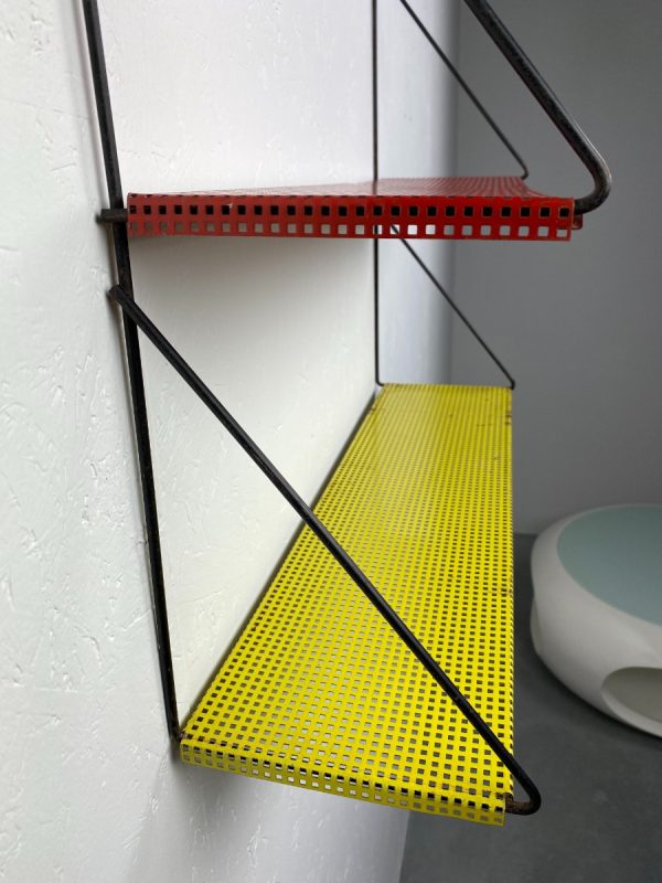 Vintage 50s wall rack - Mathieu Mategot - perforated metal - industrial mcm design - man cave shelf