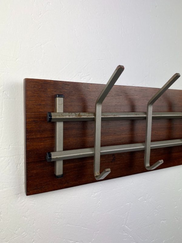 Vintage 70s coat rack with 10 hooks - retro tight modern Dutch design - wood metal