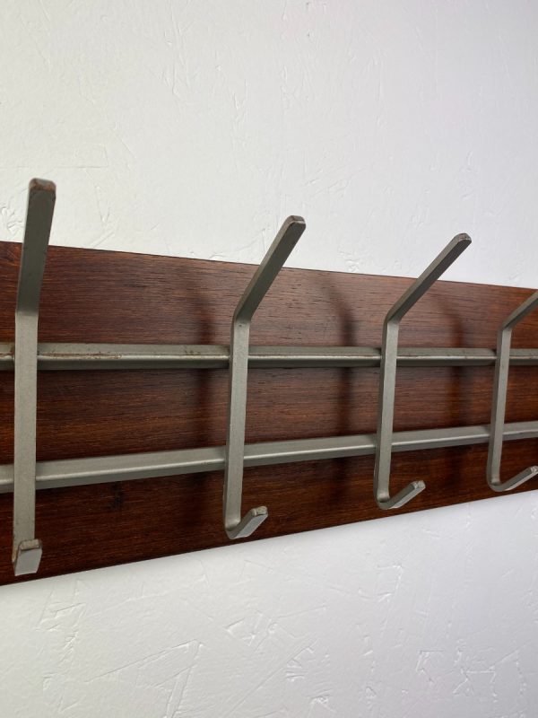 Vintage 70s coat rack with 10 hooks - retro tight modern Dutch design - wood metal