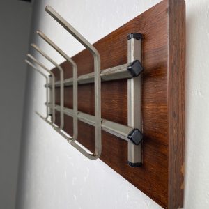 Vintage 70s coat rack with 10 hooks - retro tight modern Dutch design - wood metal