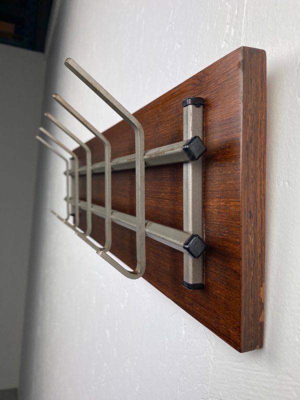 Vintage 70s coat rack with 10 hooks - retro tight modern Dutch design - wood metal