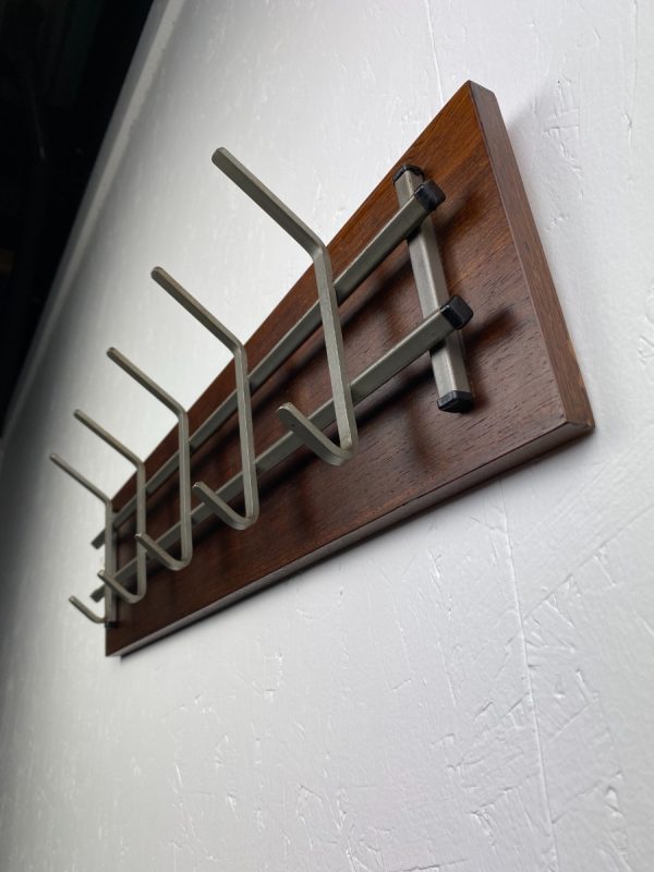 Vintage 70s coat rack with 10 hooks - retro tight modern Dutch design - wood metal