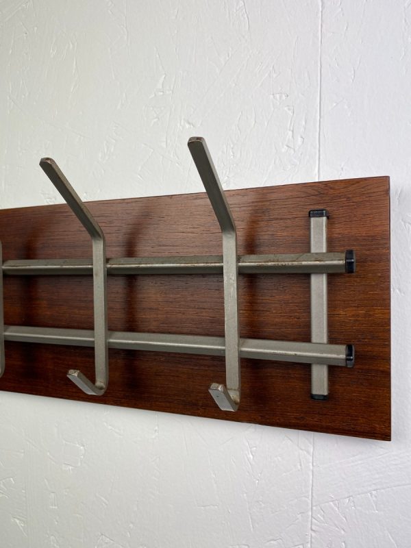 Vintage 70s coat rack with 10 hooks - retro tight modern Dutch design - wood metal