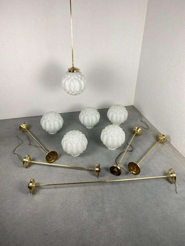 echtvintage 5 Vintage large brass art-deco hanging lamp - 70s glass art deco light - rare old lamp set