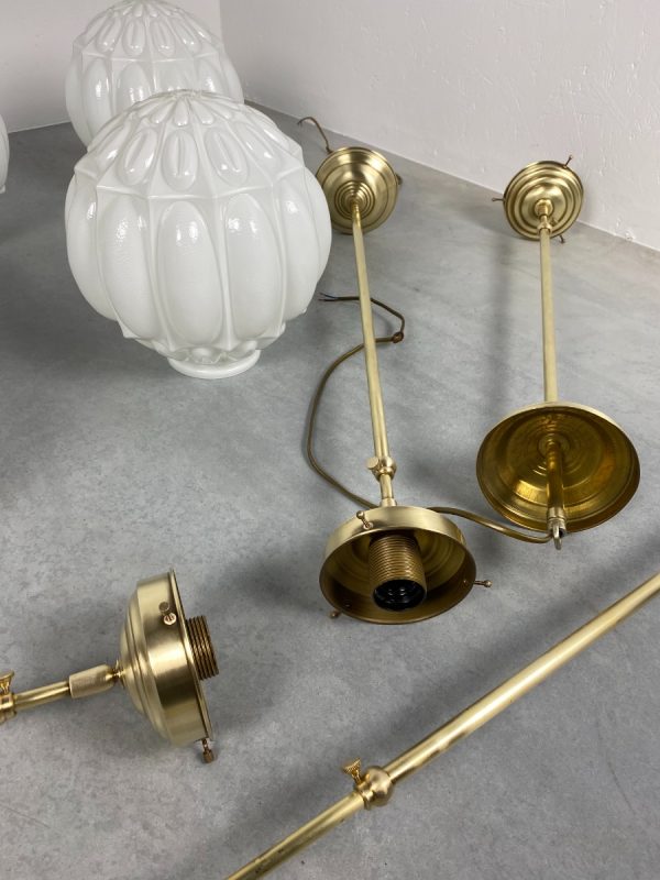 echtvintage 5 Vintage large brass art-deco hanging lamp - 70s glass art deco light - rare old lamp set