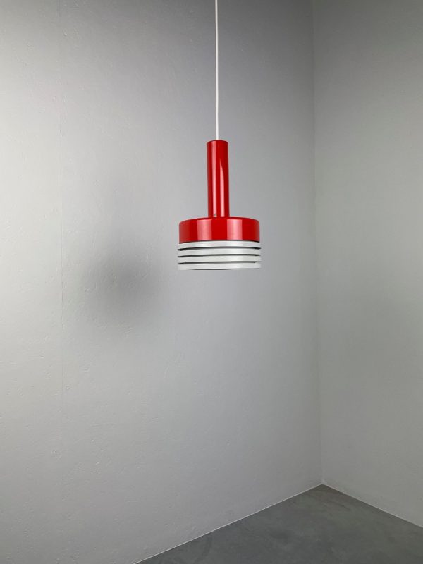 echt Vintage VEB Metalldrücker Halle pendent light - 60s DDR red white metal hanginglamp - modern retro Aluminium slats lighting echtvintage